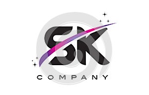SK S K Black Letter Logo Design with Purple Magenta Swoosh