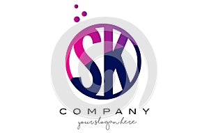 SK S K Circle Letter Logo Design with Purple Dots Bubbles
