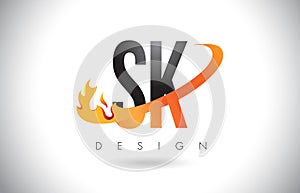 SK S K Letter Logo with Fire Flames Design and Orange Swoosh.
