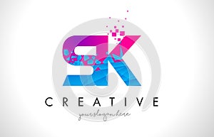 SK S K Letter Logo with Shattered Broken Blue Pink Texture Design Vector.