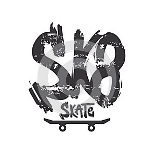 Sk8 grunge old school vector lettering. Dry paint brush stroke skateboarder slogan. Black ink smears texture phrase