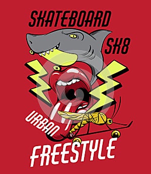 SK8. Vector placard with hand drawn surreal illustration of open mouth with skate and lightening.