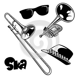 Ska style set, musical brass instruments, hat and sunglasses. Vector illustration.