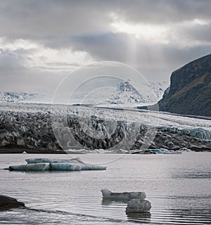 Skaftafellsjokull glacier, Iceland. Glacier tongue slides from the Vatnajokull icecap or Vatna Glacier near subglacial Esjufjoll