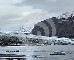 Skaftafellsjokull glacier, Iceland. Glacier tongue slides from the Vatnajokull icecap or Vatna Glacier near subglacial Esjufjoll