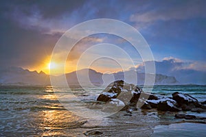 Skagsanden beach on sunset, Lofoten islands, Norway