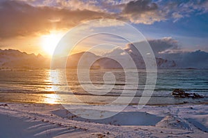 Skagsanden beach on sunset, Lofoten islands, Norway