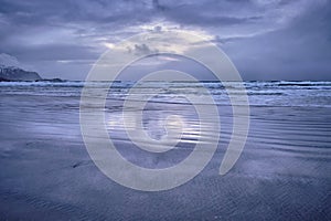 Skagsanden beach on sunset, Lofoten islands, Norway