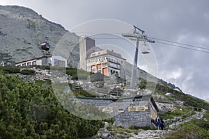 Skalnate pleso, High Tatra mountains / SLOVAKIA - July 6, 2017: Cableway from Tatranska Lomnica village to station Skalnate pleso