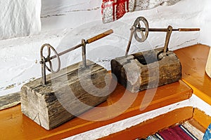 Skalno, a table spinning wheel in the interior of an old village house