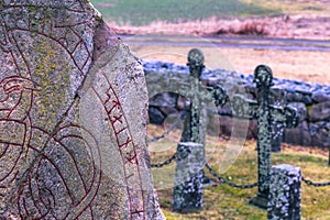 Skanela, Sweden - April 1, 2017: Viking runestone in Skanela Church, Sweden