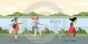 Skate park. People skating or skateboarding. Natural area with skateboard track. Women training outdoor. Leisure and