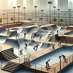 Skate park with ramps and skaters on a transparent backgroun, p photo