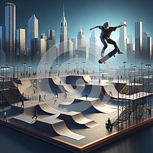 Skate park with ramps and skaters on a transparent backgroun, p photo