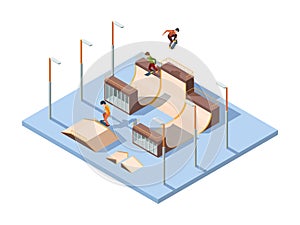 Skate park. Young teenagers active riders and jumpers extreme sport activities skateboard performance vector isometric