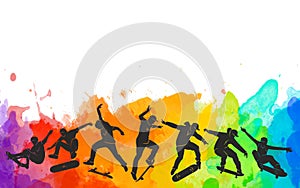 Skate people silhouettes skateboarders colorful illustration background extreme