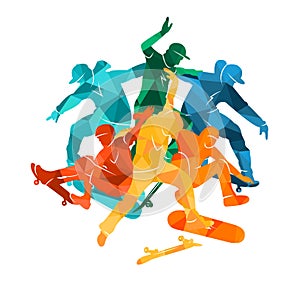 Skate people silhouettes skateboarders colorful vector illustration background extreme active