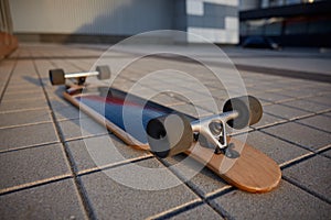 Skateboard on asphalt road with wheel upwards shallow depth of field