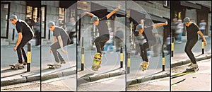 Skateboard curb and roadside street jump sequence. Freeride school skateboarding