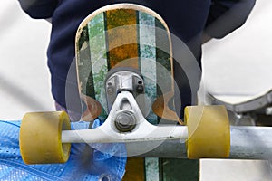 Skateboard detail and skater. Street urban background. Outdoor