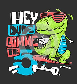 Skateboard dinosaur urban t-shirt print design, vector illustration. photo