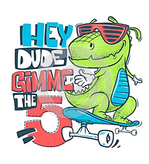 Skateboard dinosaur urban t-shirt print design, vector illustration.