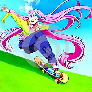 Skateboard downhill run fun pink flowing hair