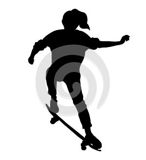 Black silhouette of skateboarder isolated on white background. Skateboard girl. Skateboarding trick ollie.