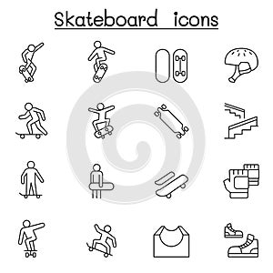 Skateboard icon set in thin line style