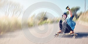 Skateboard, motion blur or mockup with a sports man skating at speed on an asphalt street outdoor for recreation. Skate