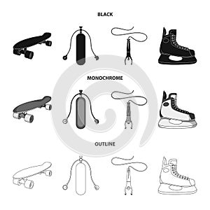 Skateboard, oxygen tank for diving, jumping, hockey skate.Extreme sport set collection icons in black,monochrome,outline