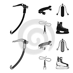 Skateboard, oxygen tank for diving, jumping, hockey skate.Extreme sport set collection icons in black,monochrome style