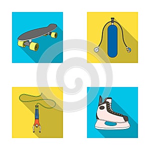 Skateboard, oxygen tank for diving, jumping, hockey skate. Extreme sport set collection icons in flat style vector symbol