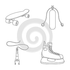 Skateboard, oxygen tank for diving, jumping, hockey skate.Extreme sport set collection icons in outline style vector