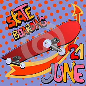 Skateboard poster. Skateboarding day. Modern style. Street banner or postcard in trendy style for youth people