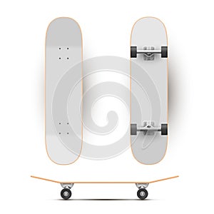 Skateboard realistic blank templates set. Longboard mock ups. Urban teen extreme sport equipment.