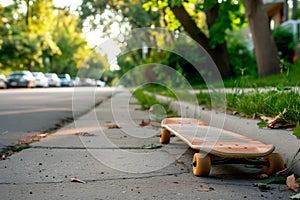 A skateboard sits idly on the side of the road, waiting for its rider. Street view with palm and lonely long board