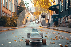 A skateboard sits idly on the side of the road, waiting for its rider. Street view with palm and lonely long board