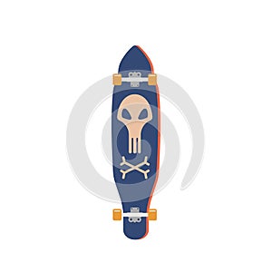 Skateboard with Skull and Crossed Bones Print Bottom View with Wheels Isolated on White Background. Urban Element