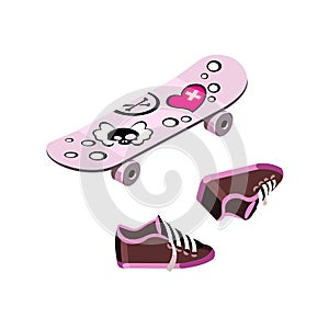 Skateboard and sneakers. Emo style. Vector isometric illustration.