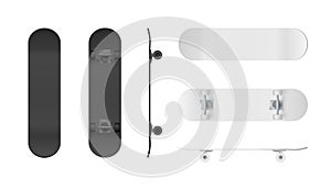 Skateboard template. Realistic black and white skateboard mockup. Vector illustration isolated on white background