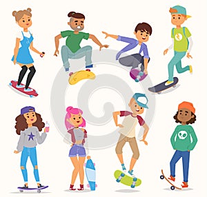 Skateboard vector young people boy and girl characters set stylish kids illustration skate board cartoon activity tricks