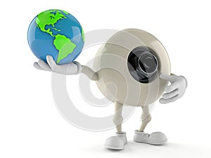 Skateboard wheel character holding world globe