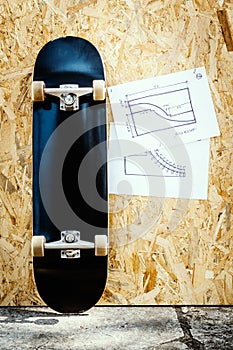 Skateboard on a wooden background with plans for a miniramp in a skatepark