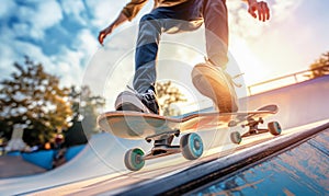 A skateboarder in action, mid-jump or doing a trick