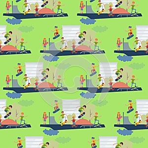 Skateboarder active people park sport extreme outdoor active seamless pattern background skateboarding urban jumping