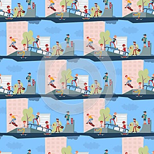 Skateboarder active people park sport extreme outdoor active seamless pattern background skateboarding urban jumping