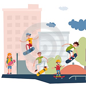 Skateboarder active people park sport extreme outdoor active skateboarding urban jumping tricks vector illustration.