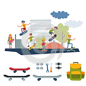 Skateboarder active people park sport extreme outdoor active skateboarding urban jumping tricks vector illustration.