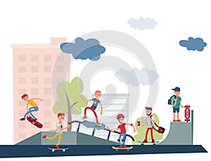 Skateboarder active people park sport extreme outdoor active skateboarding urban jumping tricks vector illustration.